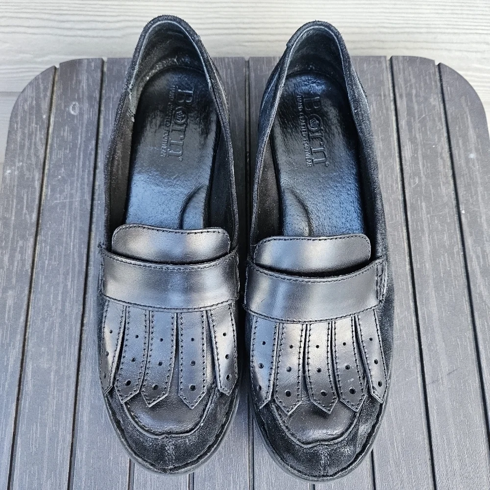 Born Black Suede Leather Penny Loafers with Fringe Slip On Shoes F3003 Womens 10